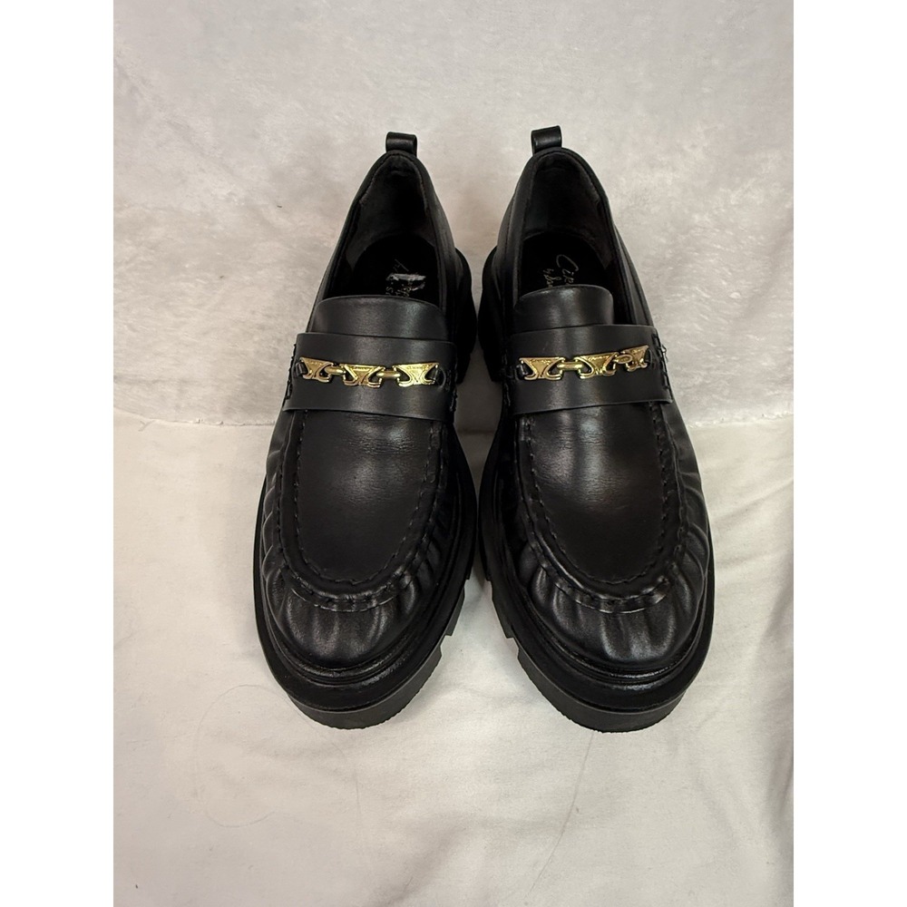 Circus by Sam Edelman Loafers 7.5 Black Leather Lug Sole Gold Chain Preppy